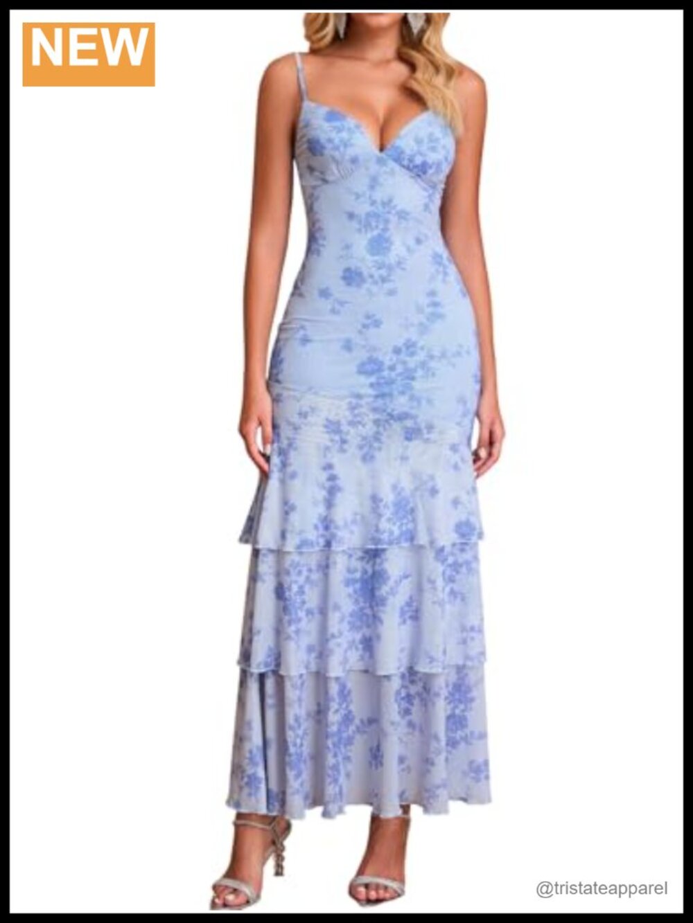 Floral Mesh Bodycon Maxi Dress V Neck Spaghetti Strap Ruffle Tiered